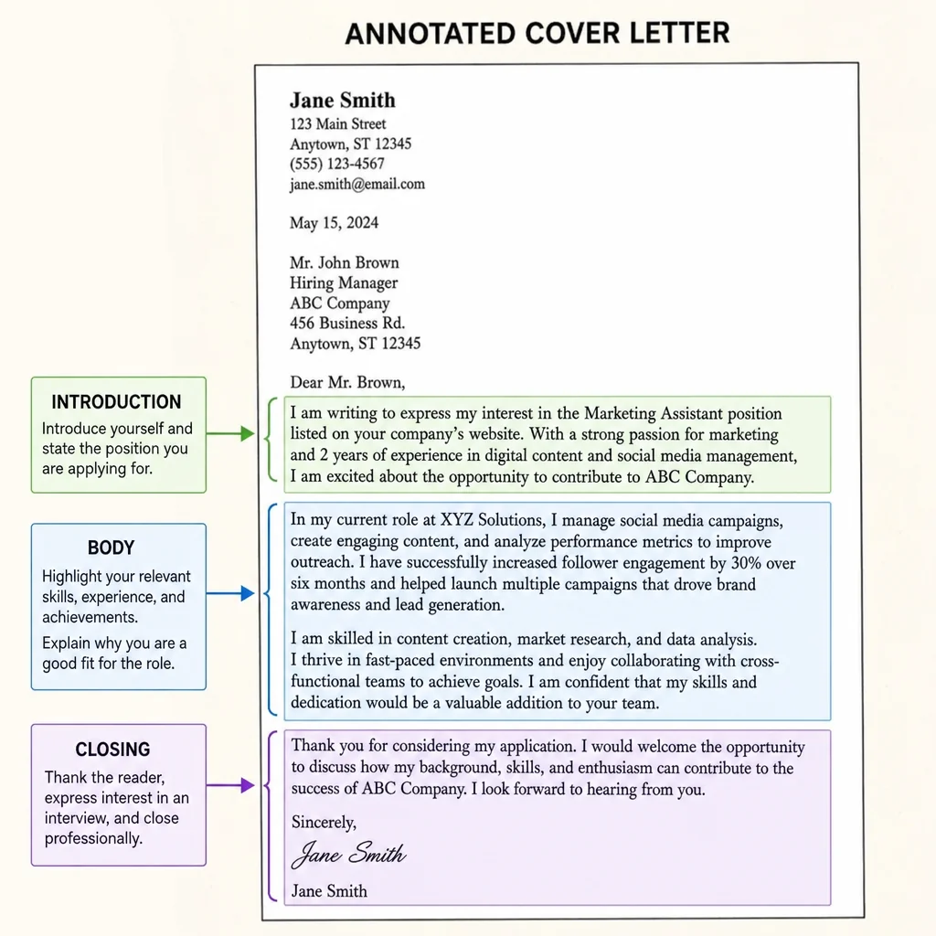Annotated sample cover letter showing the introduction, body, and closing paragraphs with notes on what each section should do