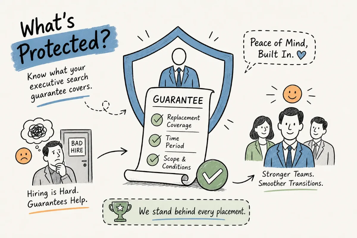 Illustration titled What's Protected showing an executive search guarantee checklist of replacement coverage, time period, and scope and conditions inside a shield
