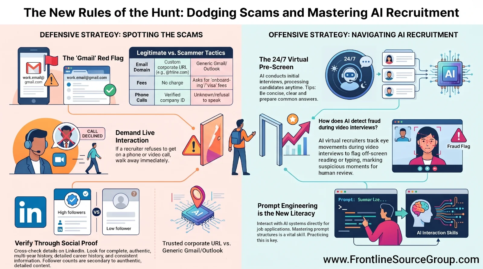 Job seeker evaluating AI recruiting tools and employment scam red flags during a 2026 job search