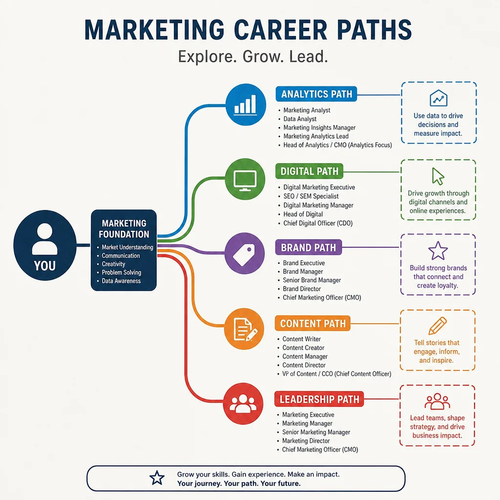Marketing career paths infographic showing five tracks, Analytics, Digital, Brand, Content, and Leadership, rising from marketing analyst and SEO specialist roles to Chief Marketing Officer
