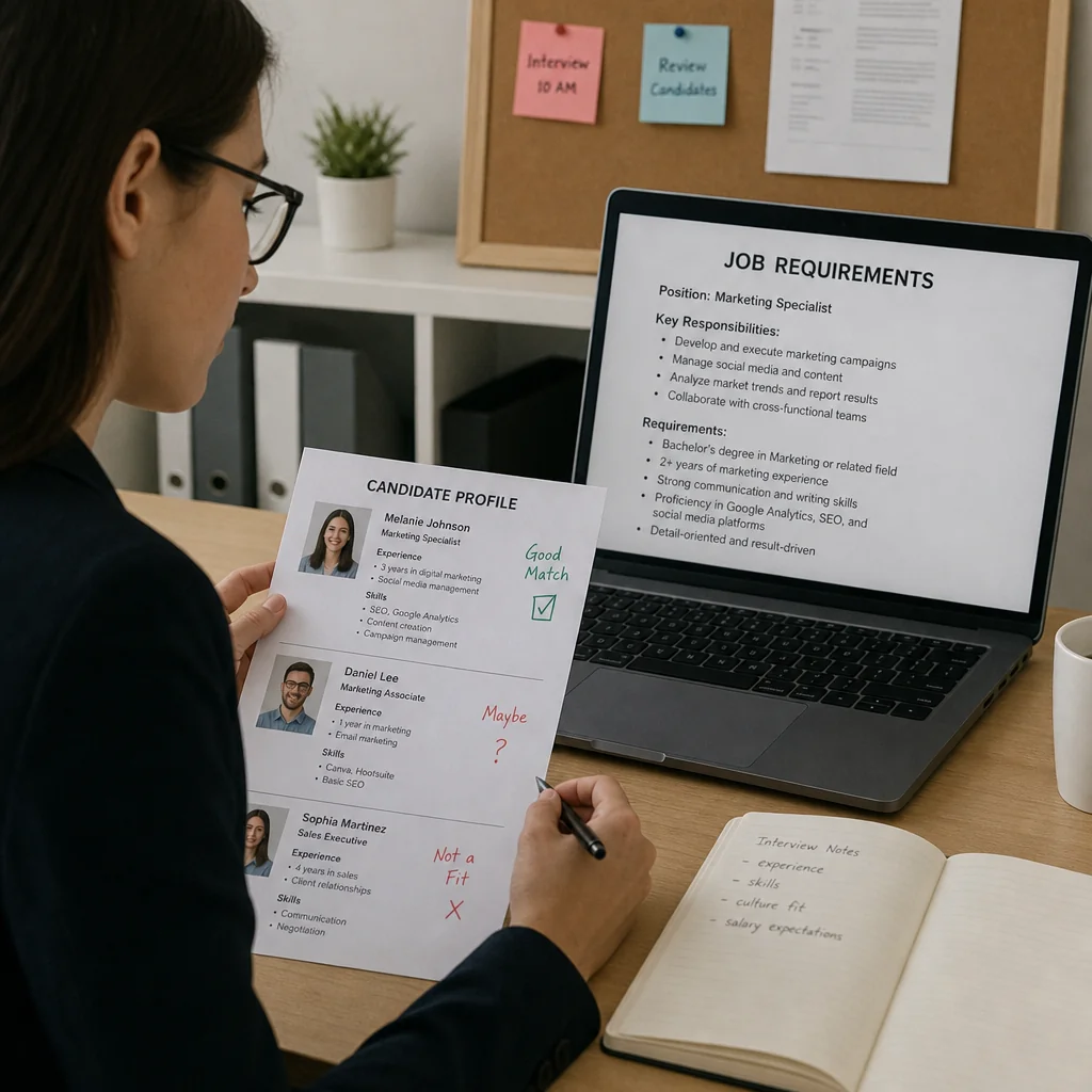Recruiter comparing three candidate profiles against a marketing specialist job requirements list, marking one a good match, one a maybe, and one not a fit