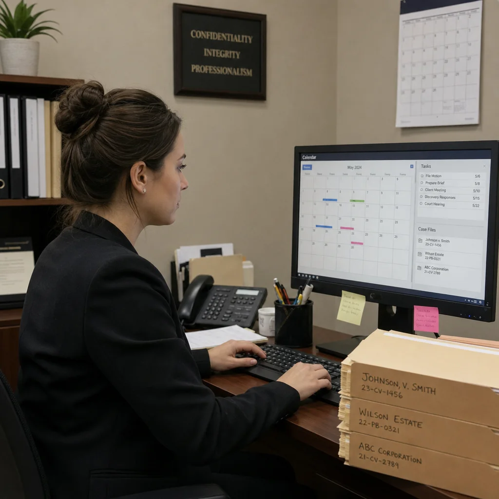 Legal secretary managing an attorney court calendar, filing deadlines, and labeled litigation case files at a law office desk