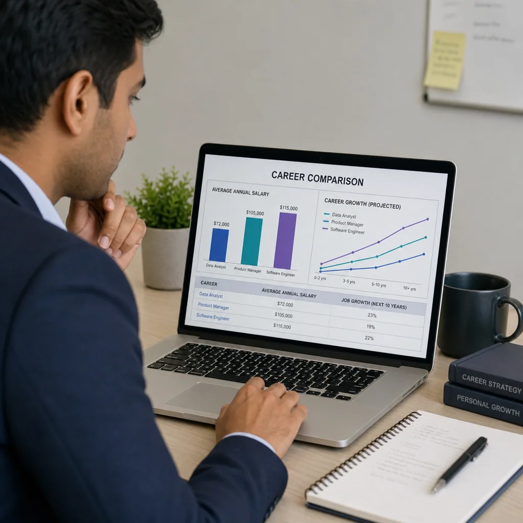Job seeker comparing salary and projected growth for data analyst, product manager, and software engineer careers on a laptop dashboard