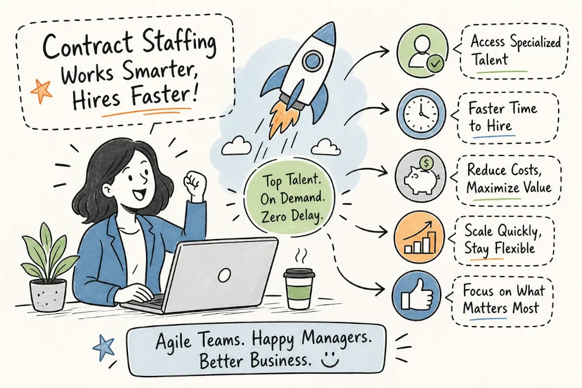 Contract staffing illustration showing specialized talent, cost control, flexible scaling, and a hiring manager focused on core work