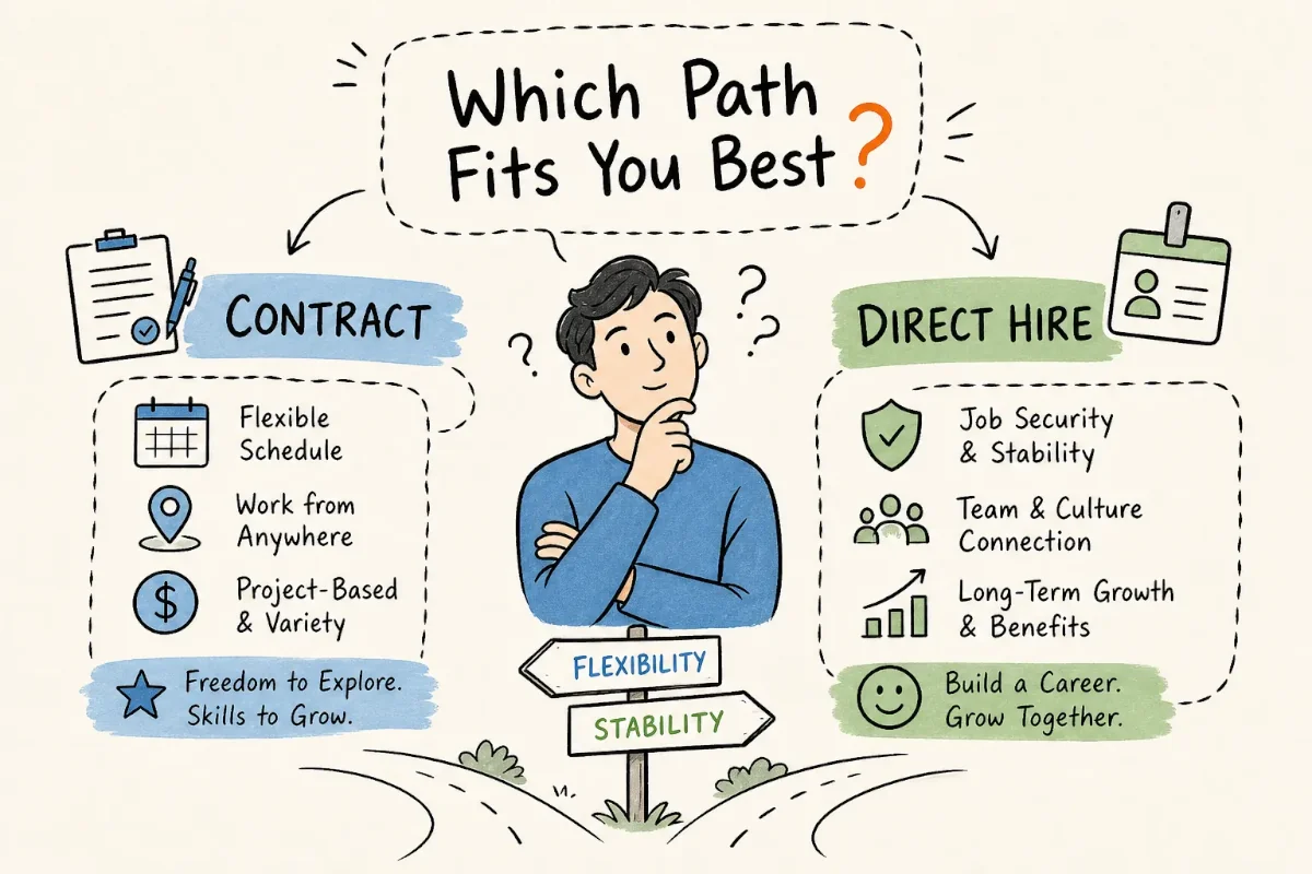 Illustration comparing contract work and direct hire for job seekers: contract offers flexible schedules and project variety, direct hire offers stability, team connection, and long-term growth