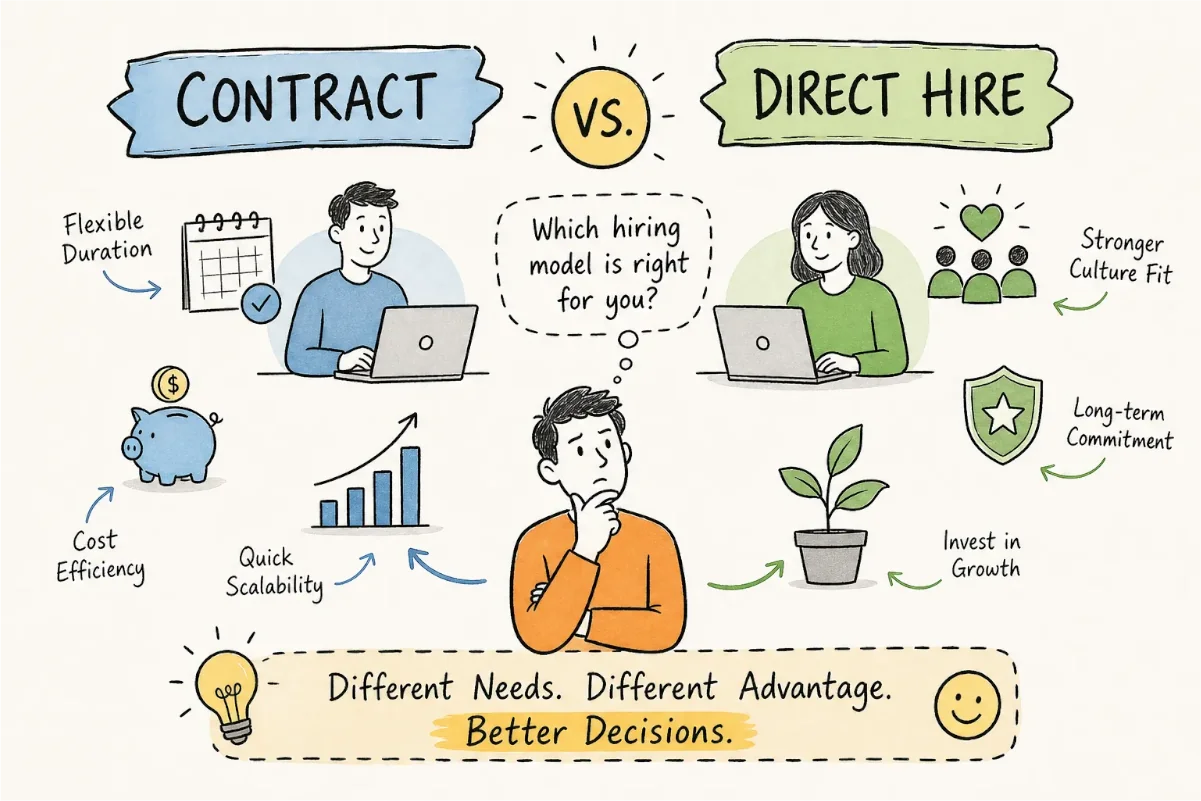 Comparison of contract, contract-to-hire, and direct hire staffing models on cost, timeline, and commitment from Frontline Source Group