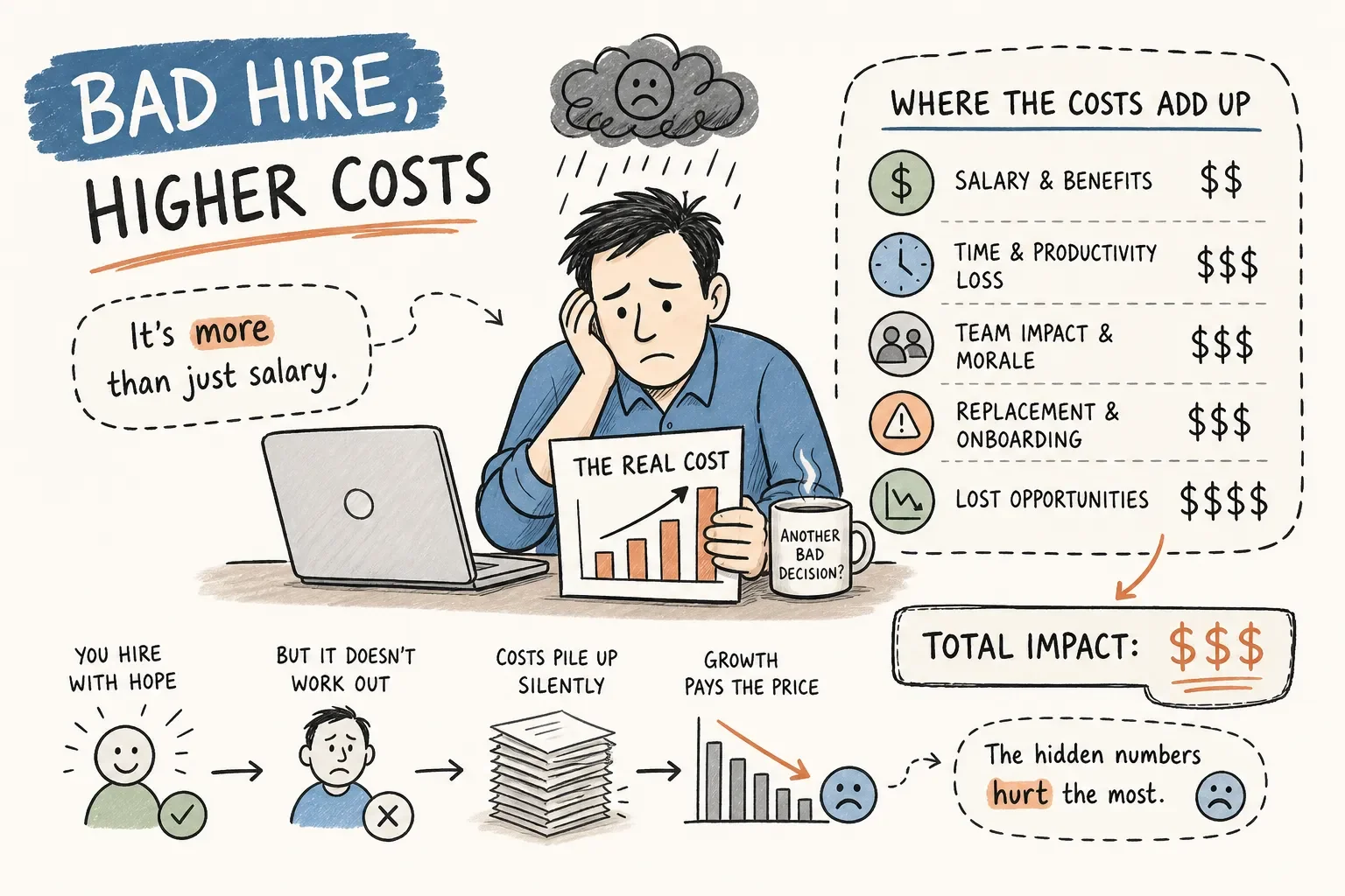 Cost of a bad hire breakdown showing direct salary loss, lost productivity, rehiring costs, training, legal exposure, and team morale impact for employers