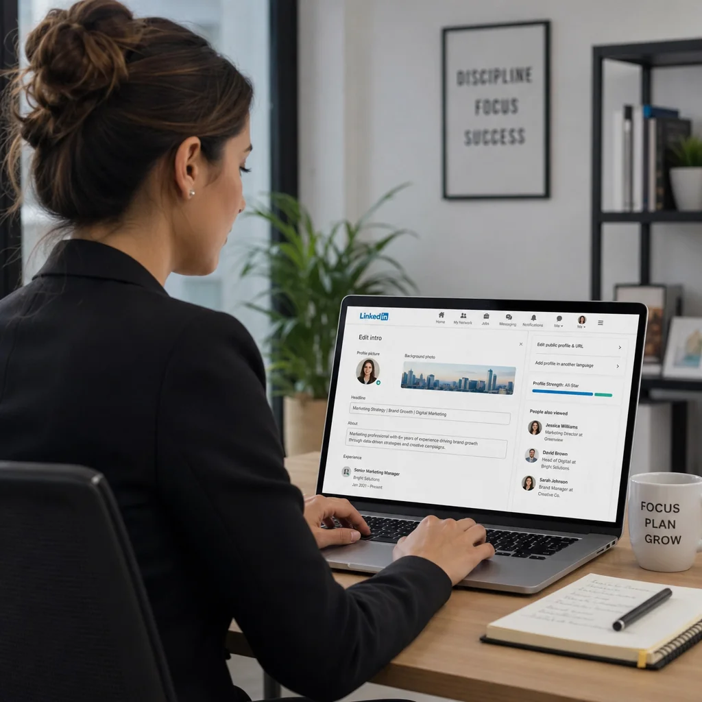 Professional drafting an effective LinkedIn bio About section on a laptop, following the hook, value proposition, results, and call-to-action formula recommended by Frontline Source Group recruiters