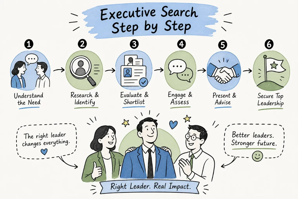 Illustrated six-step executive search process: understand the need, research and identify, evaluate and shortlist, engage and assess, present and advise, and secure top leadership