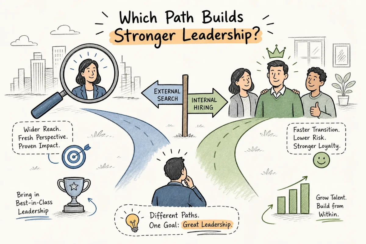 Illustrated signpost splitting an External Search path and an Internal Hiring path, comparing executive search reach with internal promotion for C-suite and VP leadership hires