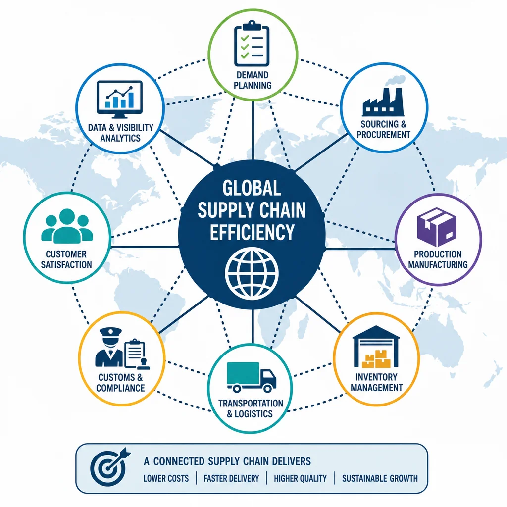 Global supply chain network map illustrating the sourcing, logistics, and supplier management scope of modern procurement roles