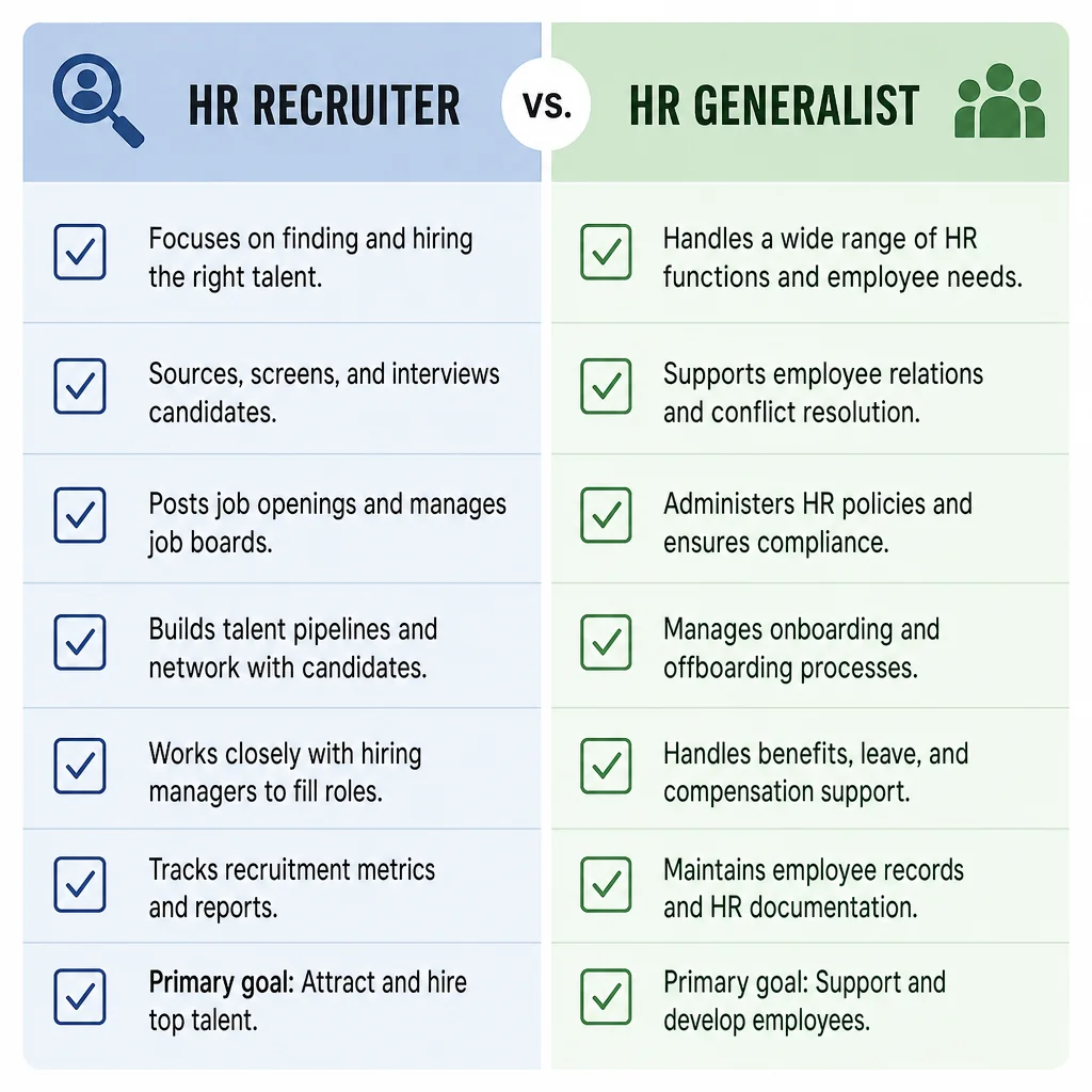 Comparison of HR recruiter and HR generalist career paths, showing which is easier to enter for entry-level HR candidates