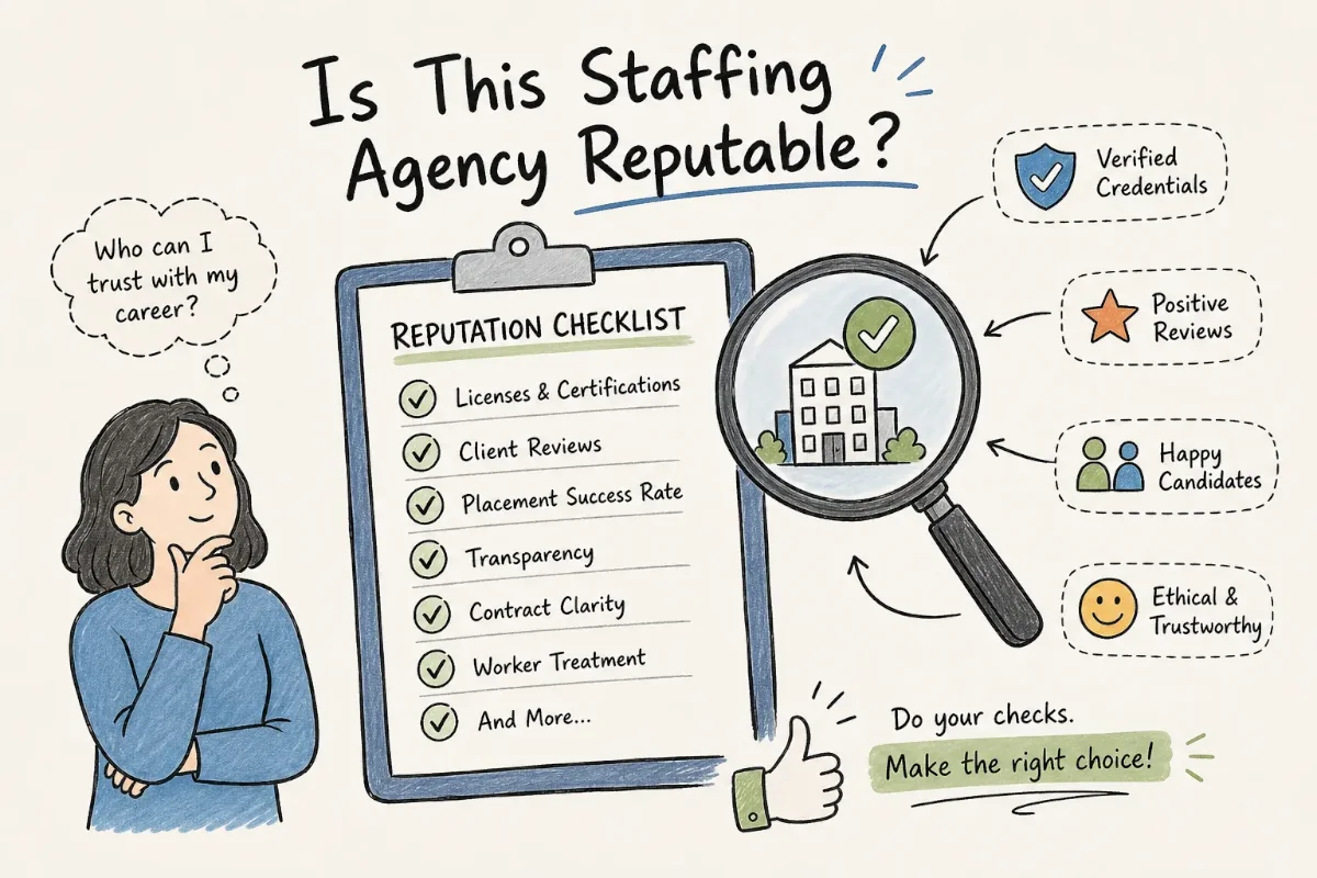 Illustrated reputation checklist asking Is This Staffing Agency Reputable, covering licenses and certifications, client reviews, placement success rate, transparency, contract clarity, and worker treatment