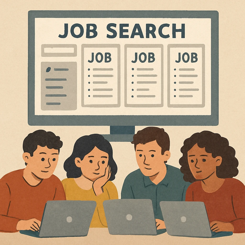 Illustration of four job seekers at laptops looking at a screen of online job listings, representing the job boards and postings where employment scams appear