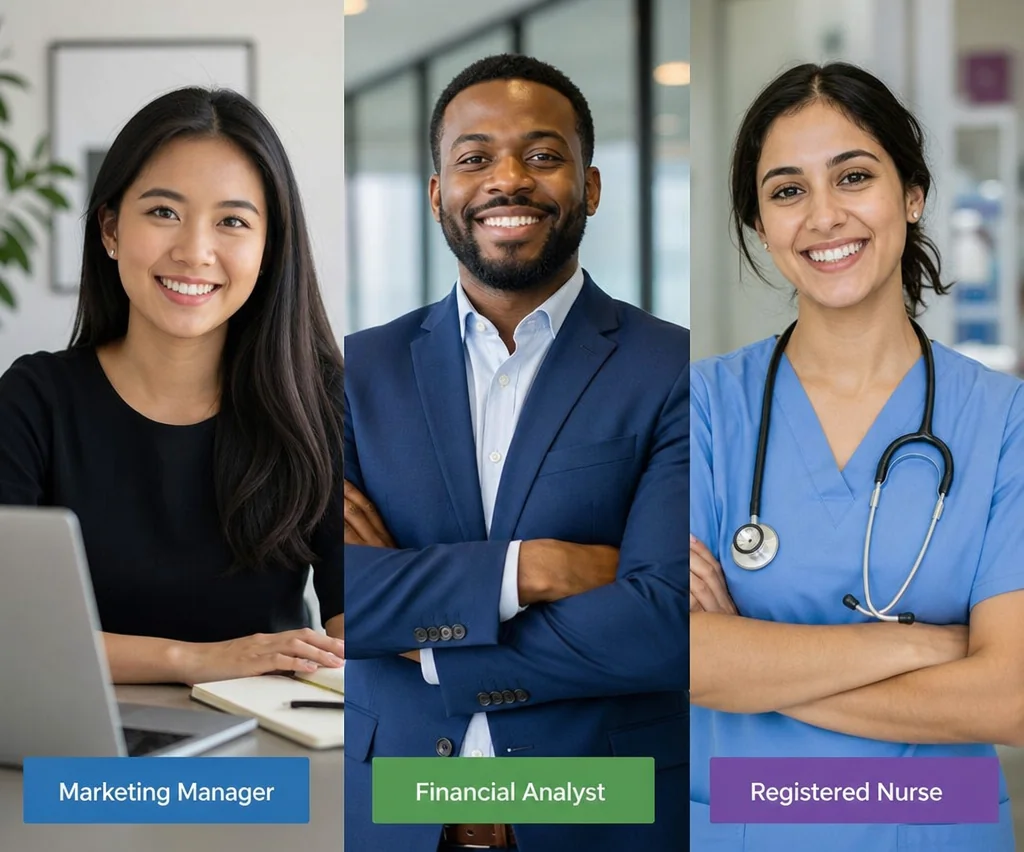 Three professionals from different careers, including a manager and an analyst, comparing LinkedIn profile examples on a shared screen