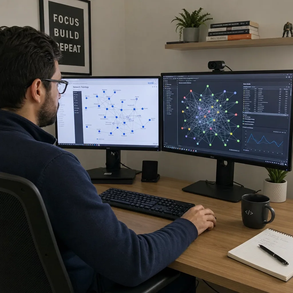 Network engineer reviewing routing and switching configurations on a network operations center monitoring screen
