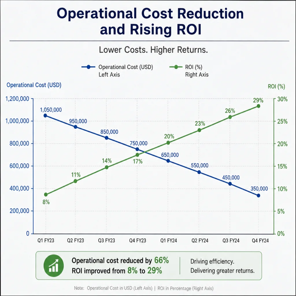 Chart of operational cost reduction and rising return on investment, illustrating the cost savings and value metrics procurement professionals are measured on