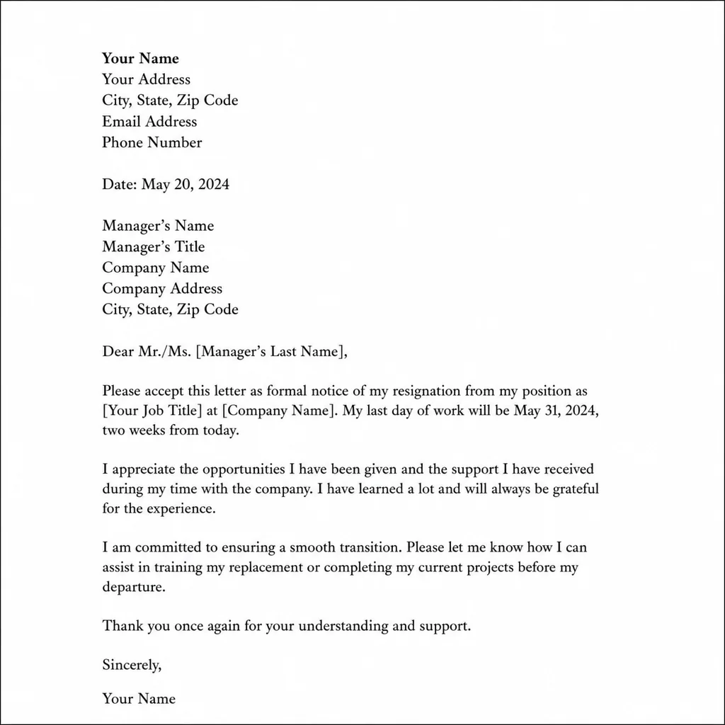 Resignation letter example showing standard business format with date, statement of resignation, last working day, and expression of gratitude