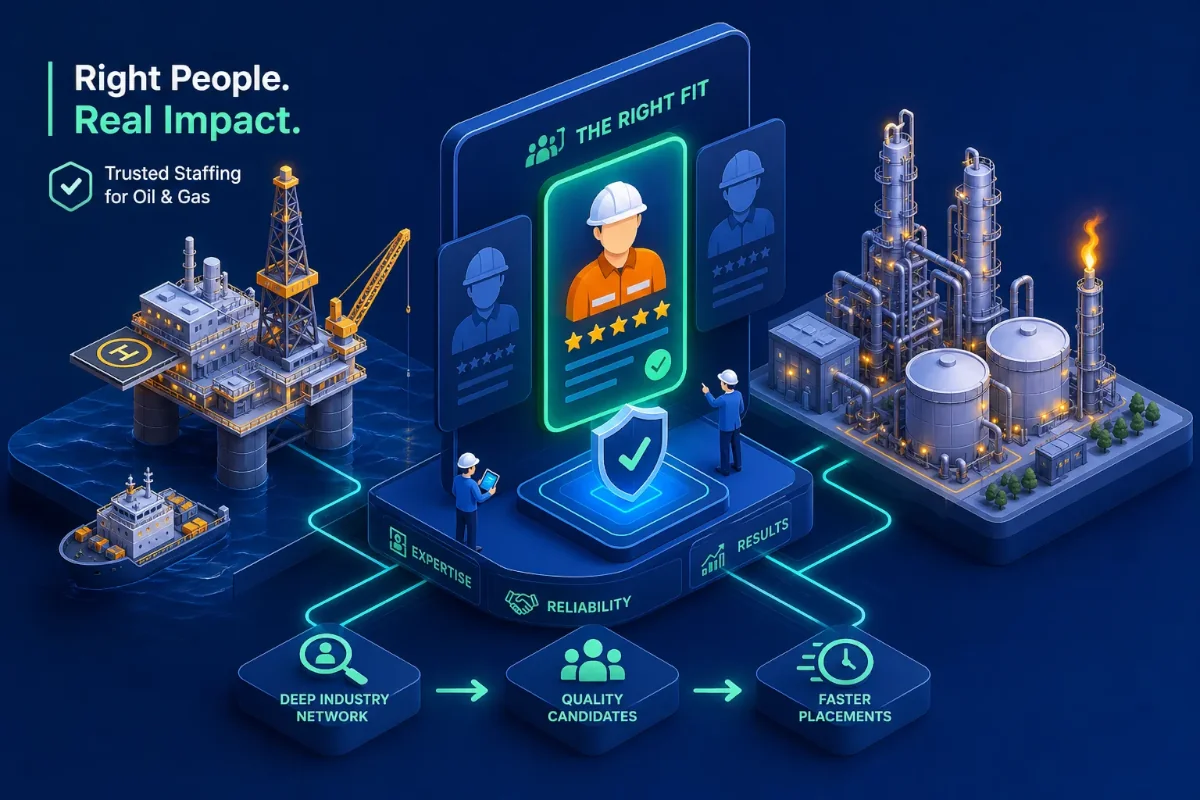 Frontline Source Group energy staffing graphic showing an offshore drilling platform, a refinery, and a verified candidate profile labeled The Right Fit, with expertise, reliability, and results connecting a deep industry network to quality oil and gas candidates
