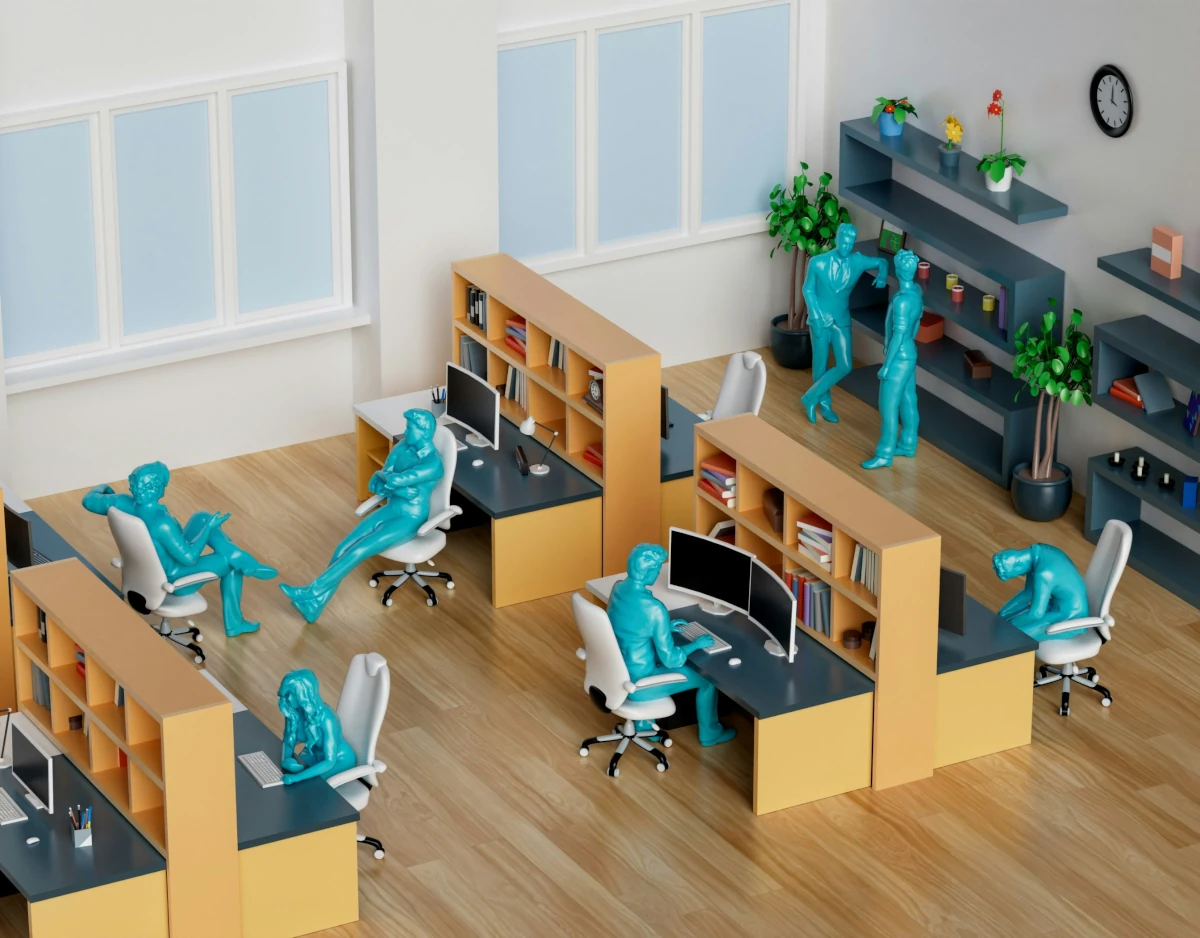 3D illustration of figures working at desks in a bright shared office, a reminder that many Texas remote roles are hybrid