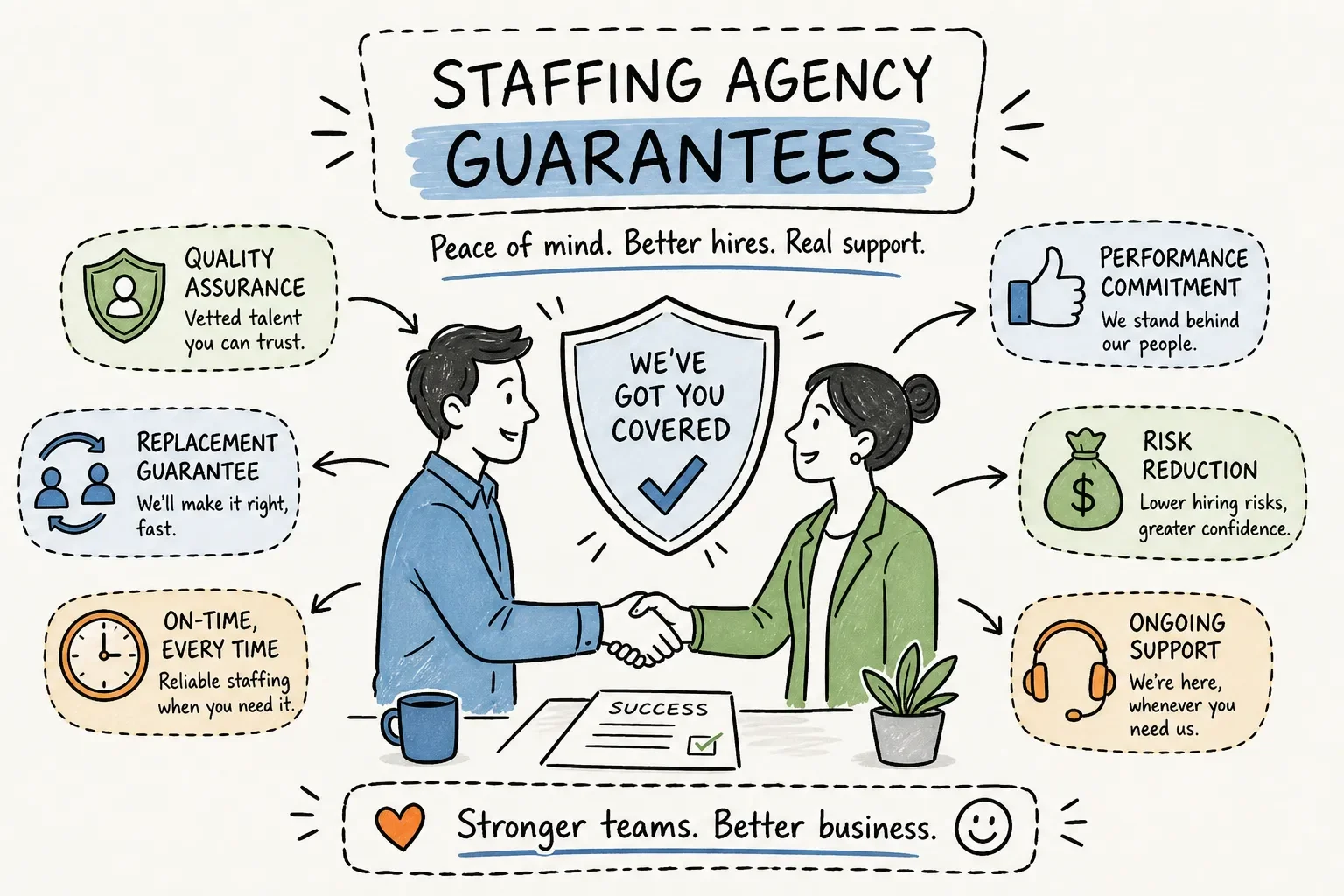 Employer reviewing the guarantee clause of a staffing agency agreement, showing the replacement, refund, and exclusion terms every hiring manager should verify before signing