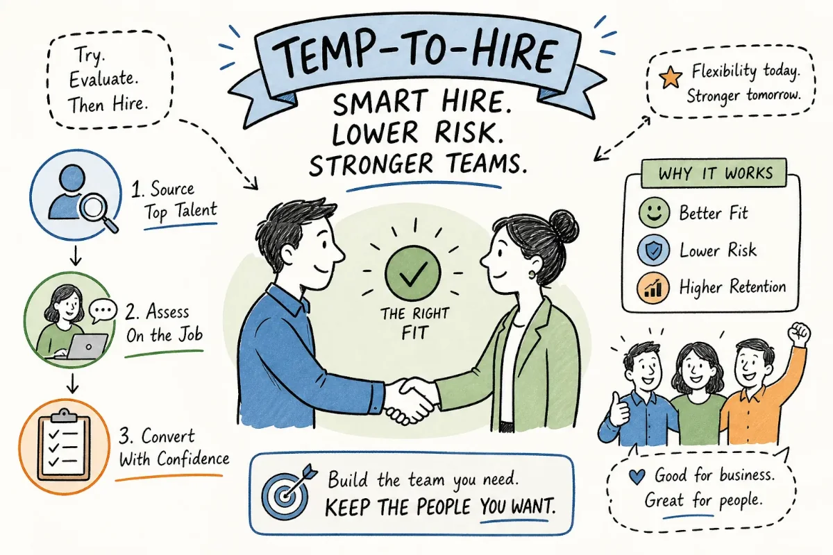 Temp-to-hire staffing process showing the contract, evaluation, and conversion phases used by Frontline Source Group recruiters