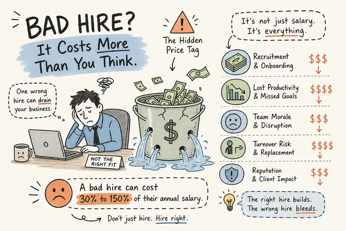 Illustration of a frustrated employee next to a leaking bucket of money, showing that a bad hire drains recruiting, productivity, morale, replacement, and reputation costs