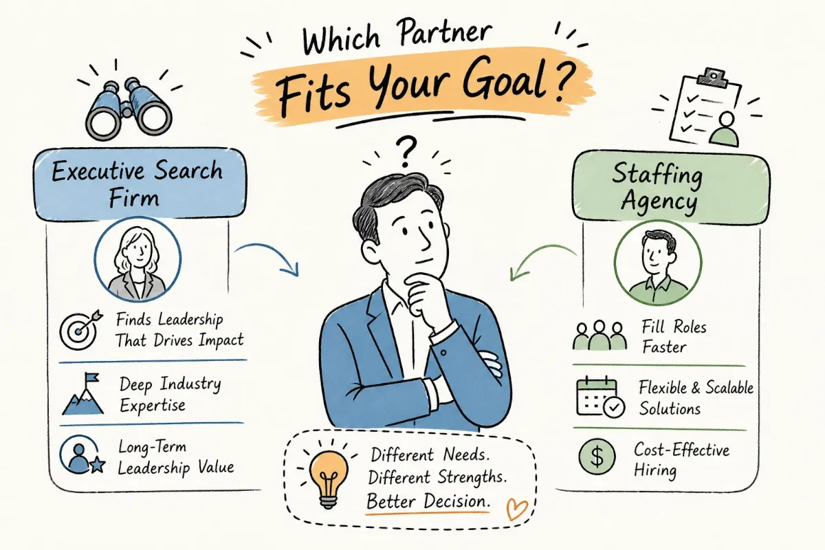 Which recruiting partner fits your hiring goal: executive search for C-suite and confidential roles, staffing agency for volume and mid-level roles, Frontline Source Group