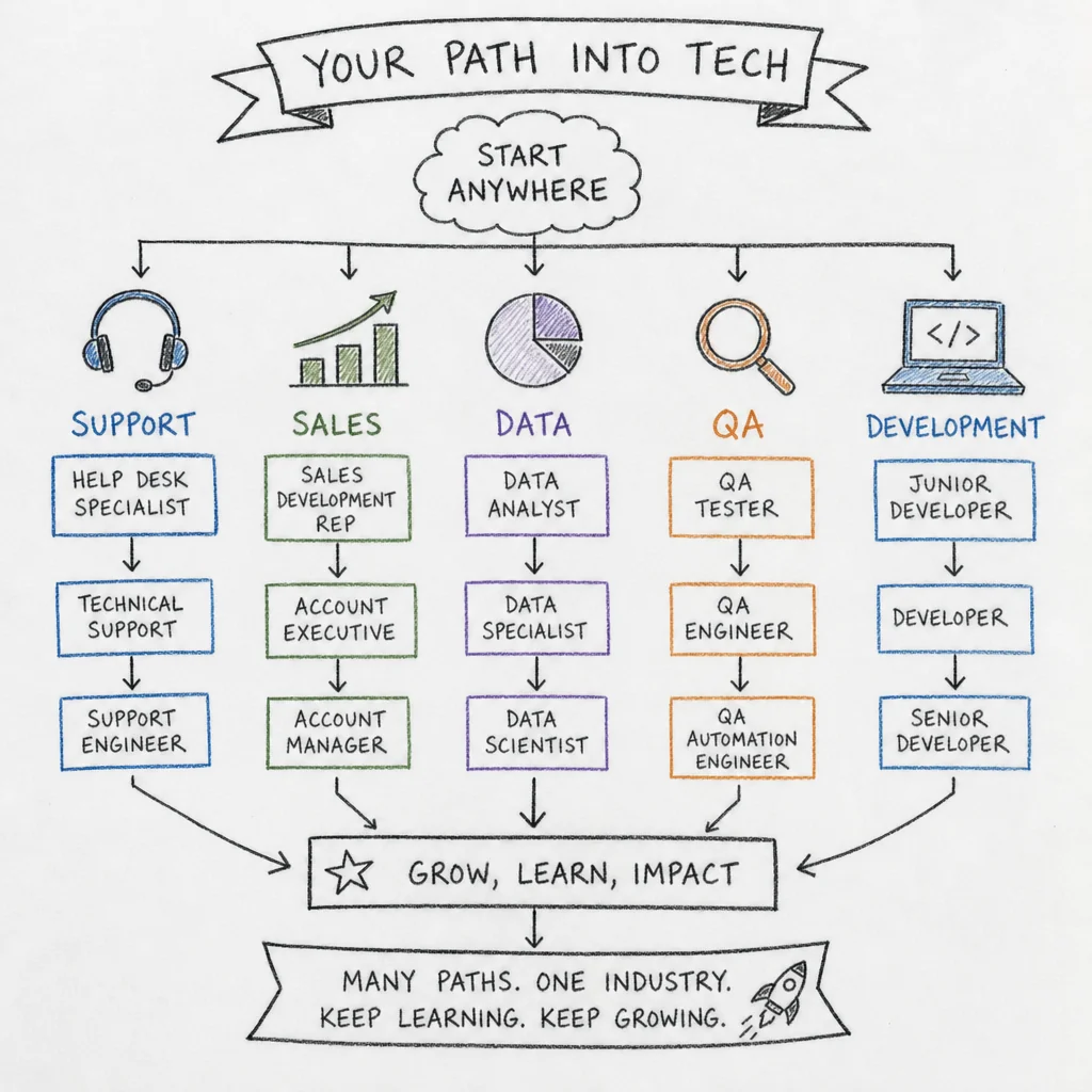 Your path into tech illustration showing entry-level career ladders in support, sales, data, QA, and development, from help desk specialist to support engineer and junior developer to senior developer
