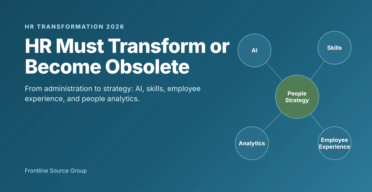 HR transformation 2026 graphic showing people strategy connected to AI, skills, analytics, and employee experience, the shift HR departments must make to avoid becoming obsolete