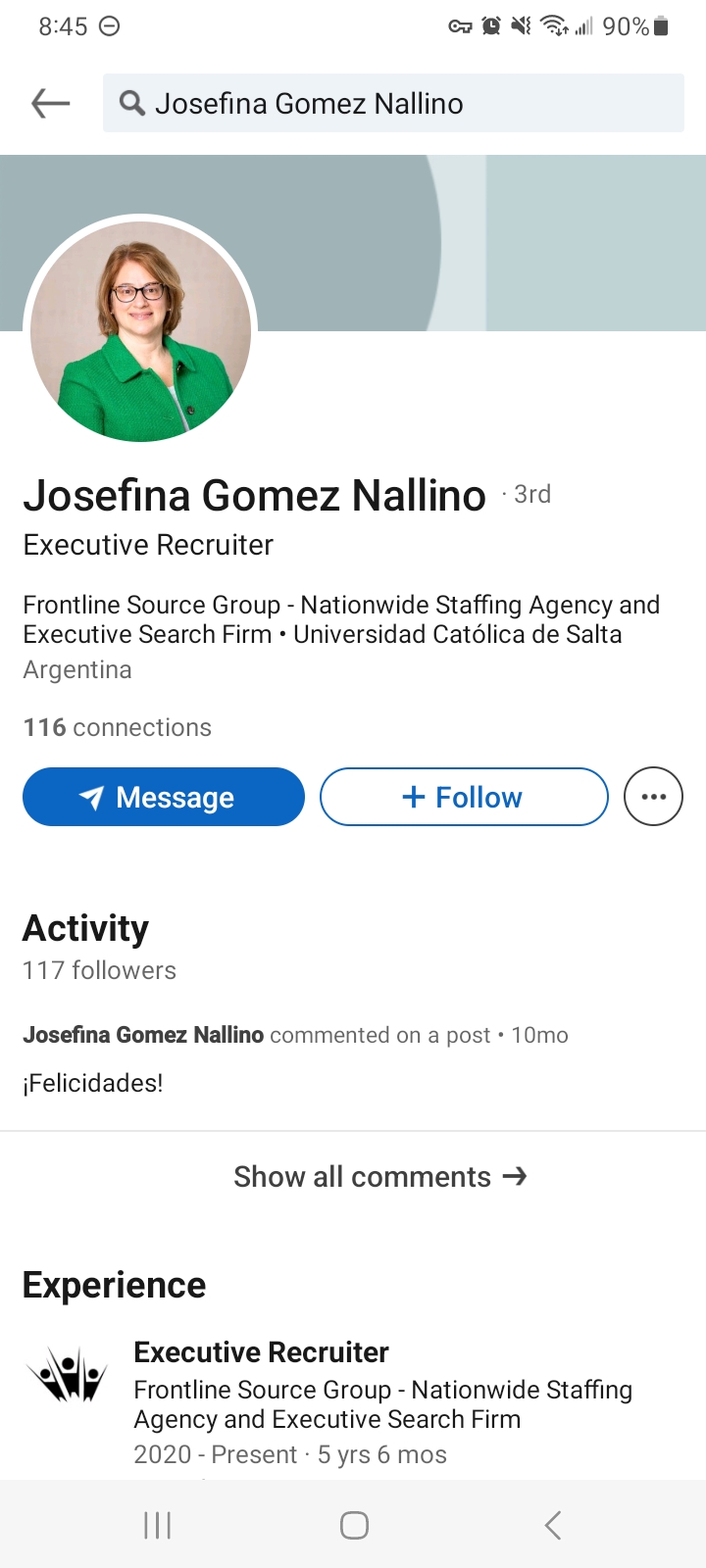 LinkedIn screenshot of an imposter posing as a Frontline Source Group recruiter, offering a fake AI company position at 170,000 to 300,000 dollars and pushing the conversation to Signal